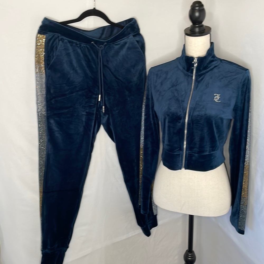 Juicy couture velour tracksuit set size medium navy blue‎ ombré rhinestone